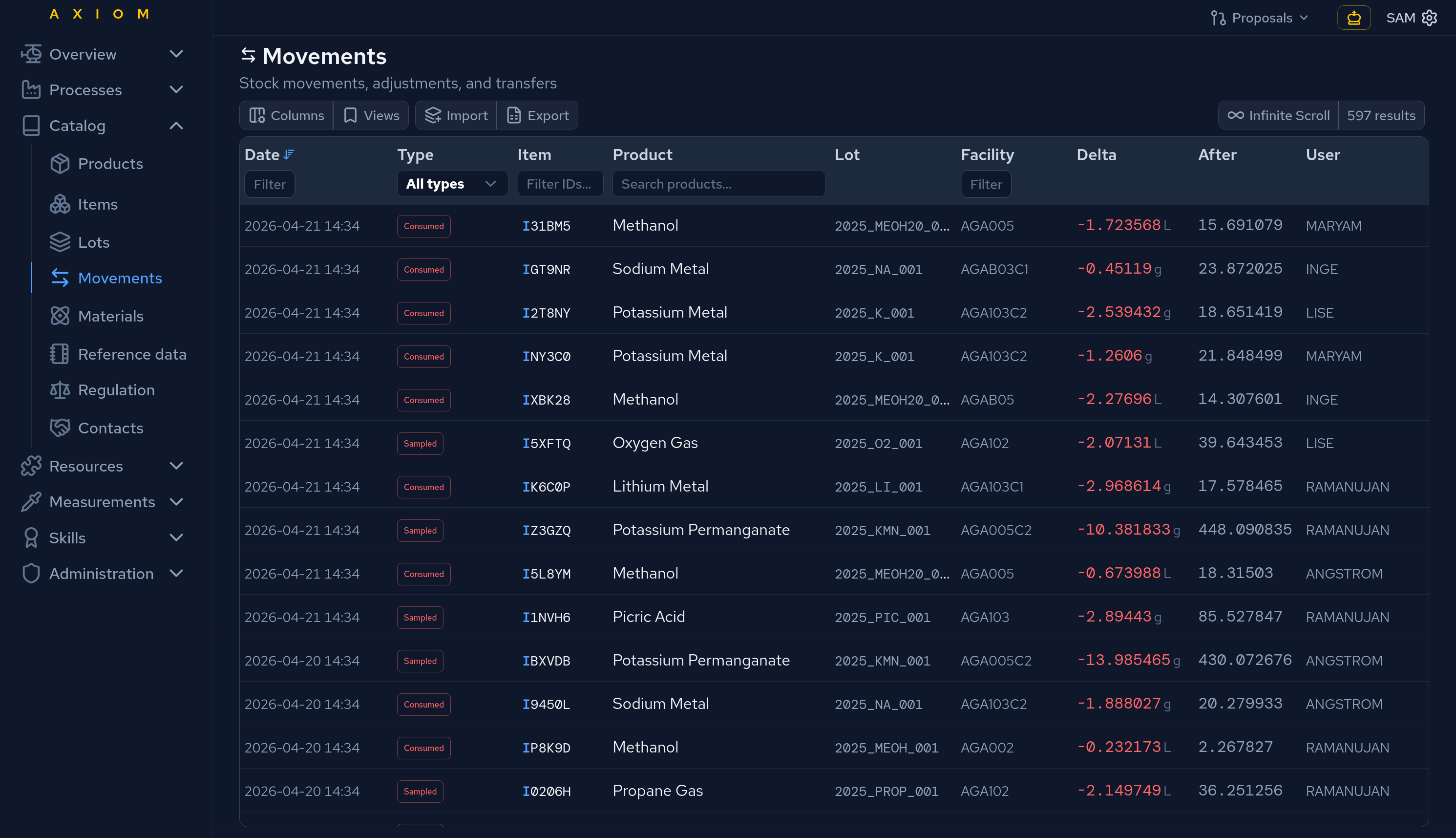 Reservera, förbruka, överför, fördela, kombinera — och följ upp lagerrörelser i journalen.