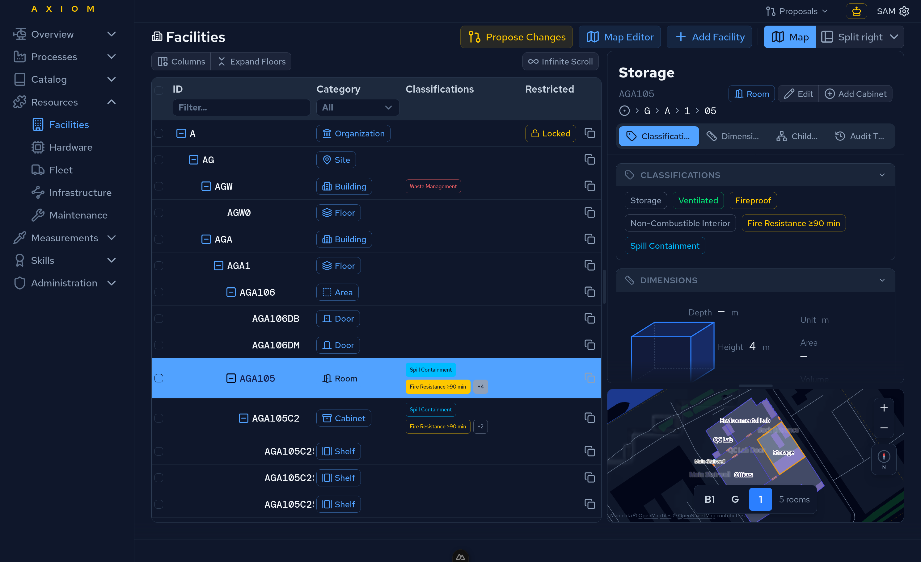 Resursträd med klassificering, underhållsstatus och kalibreringshistorik i samma hierarki.